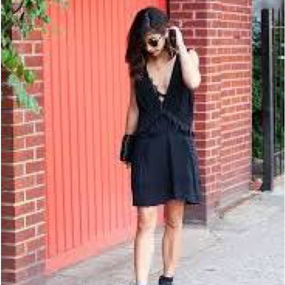 Anine Bing Black Pleated Silk Mini Dress Deep V Ruffle Trim - Picture 2 of 9